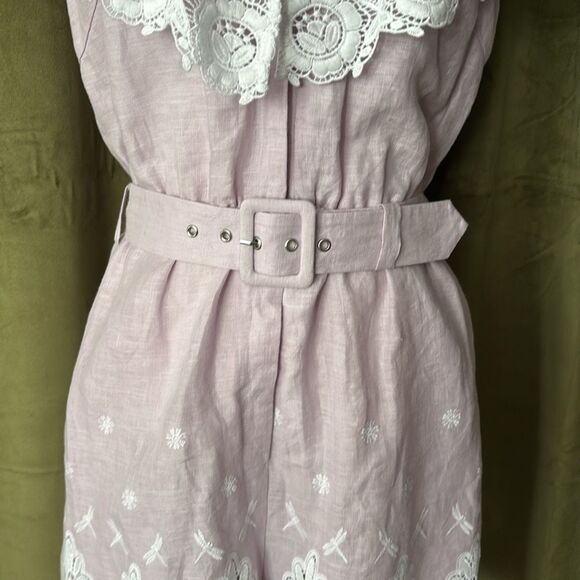 Miguelina 100 % linen crochet lace detailed lavender romper, M - Picture 7 of 16